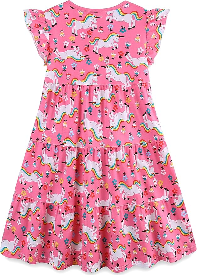 Bumeex Girl's Dresses Cotton Ruffle Sleeve Tiered Swing A-Line Cute Midi Casual Sundress