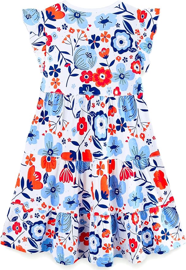 Bumeex Girl's Dresses Cotton Ruffle Sleeve Tiered Swing A-Line Cute Midi Casual Sundress