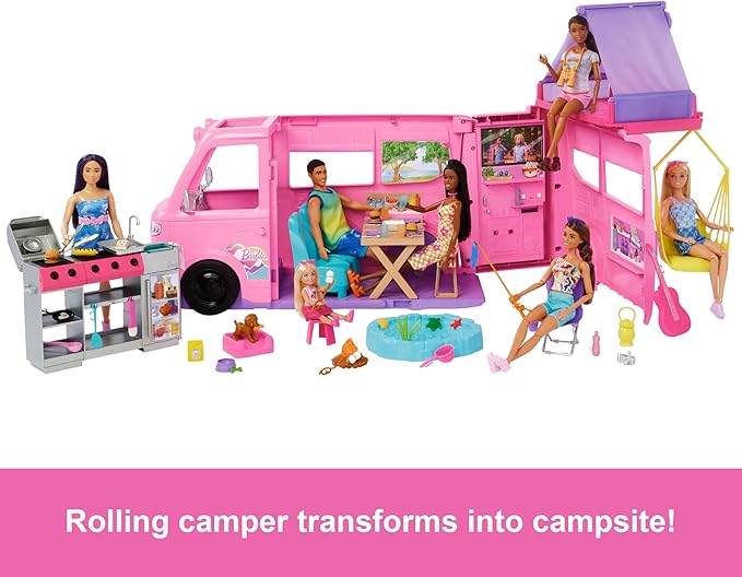 Barbie Dream Camper New for 2025 Playset with Roof Tent, Swing Chair, Fishing Pond, BBQ Grill with Color-Change Feature & 60+ Accessories Including Dough