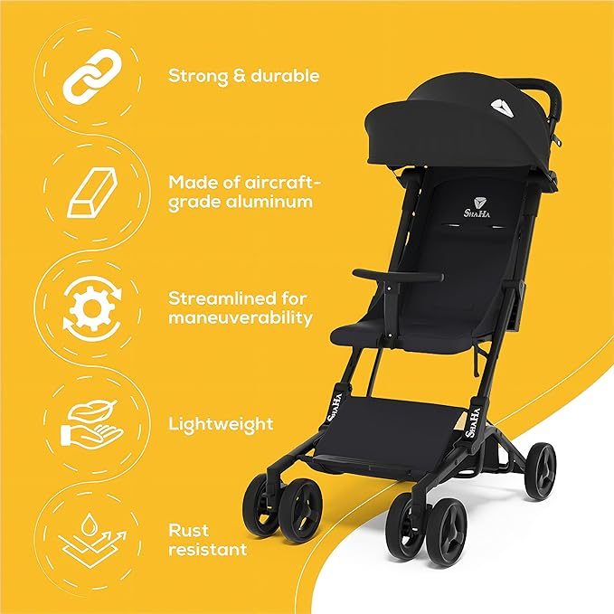 Lightweight Foldable Stroller for Toddlers - Travel & Airplane Stroller with Swivel Wheels, 1-Step Brake, Sun Canopy & Reclining Backrest