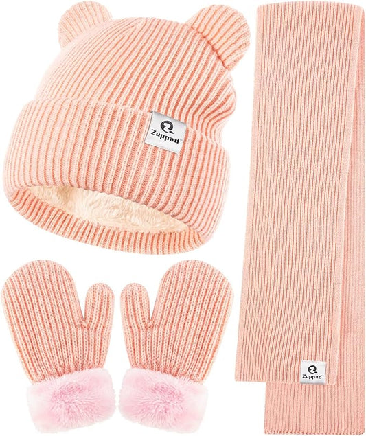 Baby Beanie Mittens Scarf Set,Toddler Infant Kids Winter Hat with Bear Ear Thermal Gloves Neck Warmer Set for Girls Boys