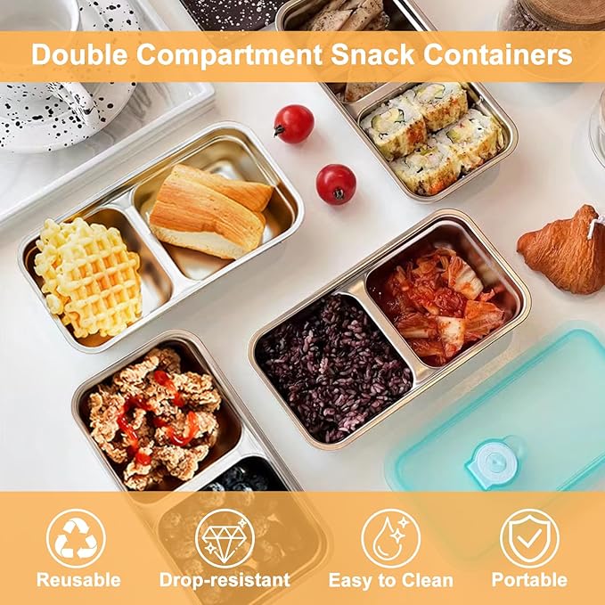 Reusable Snack Containers with Lids, Stainless Steel Snack Containers, Double Compartment Condiment Bowls, Meal Prep Lunch Box, Takeout, Travel and Camping Food Storage (4PCS)