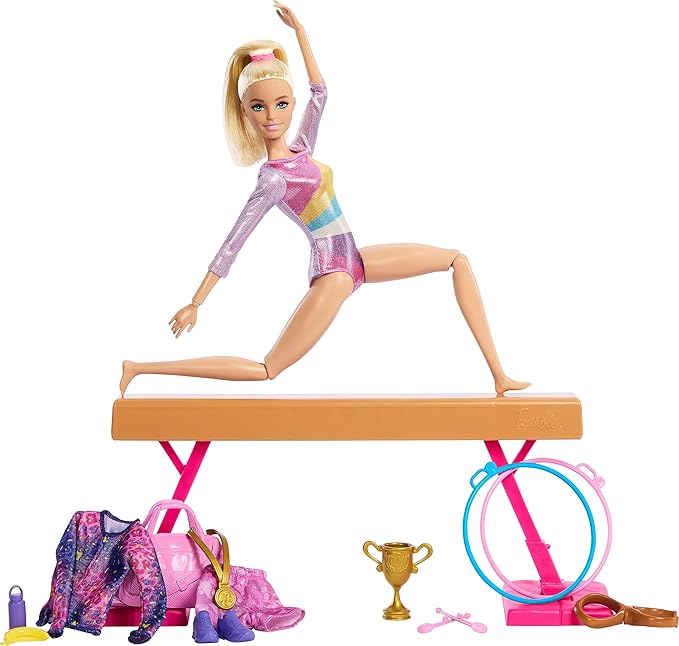 Barbie Gymnastics Doll & Accessories, Playset with Blonde Fashion Doll, C-Clip for Flipping Action, Balance Beam, Warm-Up Suit & More