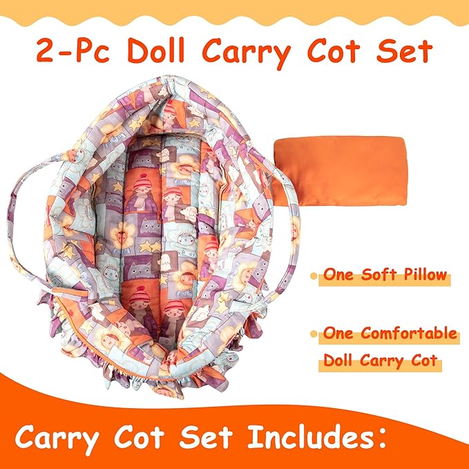Doll Carry Cot Set Doll Carrier Soft Basket Bassinet, Includes 1 Cot and 1 Pillow, Orange Cartoon Doll Bassinet, Fits for 16 Inch 18 Inch American Girl Dolls