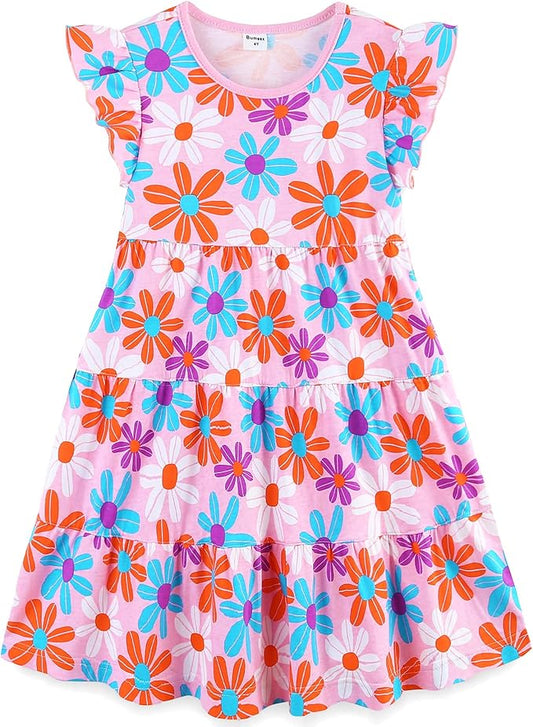 Bumeex Girl's Dresses Cotton Ruffle Sleeve Tiered Swing A-Line Cute Midi Casual Sundress