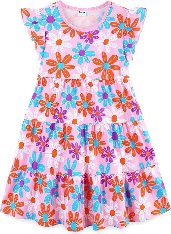 Bumeex Girl's Dresses Cotton Ruffle Sleeve Tiered Swing A-Line Cute Midi Casual Sundress