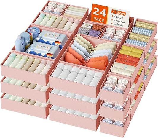 DIMJ Drawer Organizer Clothes, 24 Pack Dresser Organizer, Foldable Closet Organizers and Storage, Fabric Dresser Bins, Drawer Dividers for Nursery, Baby Clothes, Underwears, Sock (Pink)