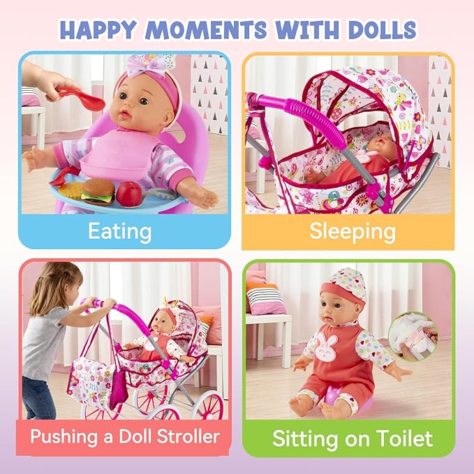Baby Doll Stroller Toys Set with 12.5" Doll for 3-7, Foldable Stroller, Dining Chair, Accessories & 1 Outfits,Pretend Play Baby Doll Toys for Girls Ages 3-7