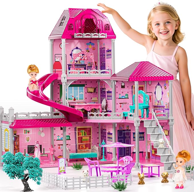 Girl House Toys for Girls 4-8, 3 Storey 6 Rooms Indoor Playset with Doll, Furniture and Accessories, Pretend Toddler Toy, Birthday Gifts for Girl Age 3-5 4-6 6-12