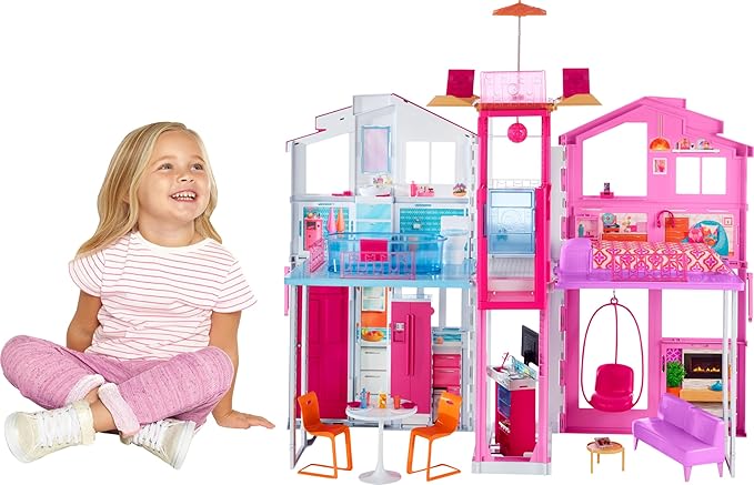 Barbie 3-Story Townhouse Dollhouse with Elevator, Swing Chair, Furniture and Accessories, Fold for Portability and Travel