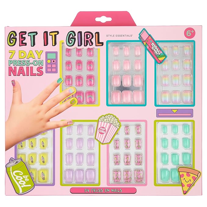 7 Day Manicure Collection - 84PC Press On Nail Set, Day-Of-The-Week Adhesive False Nails for Girls (GET IT GIRL Collection) – Colorful Novelty Designs Stick On Nails For Kids