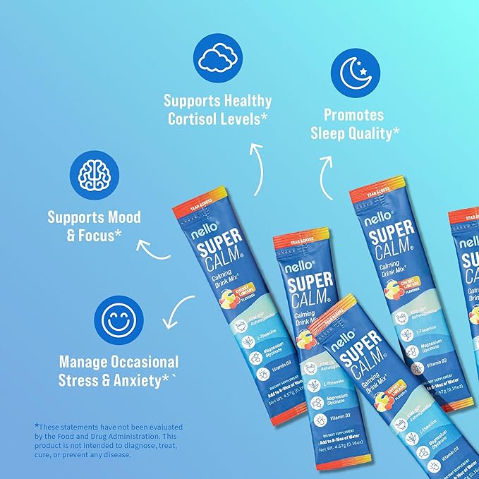 Nello Supercalm Drink Mix - Ashwagandha KSM 66, Magnesium Glycinate & L-Theanine Supplement - Ashwagandha Root Extract - Focus and Relaxation Support (20 Travel Packets) - Cherry Limeade