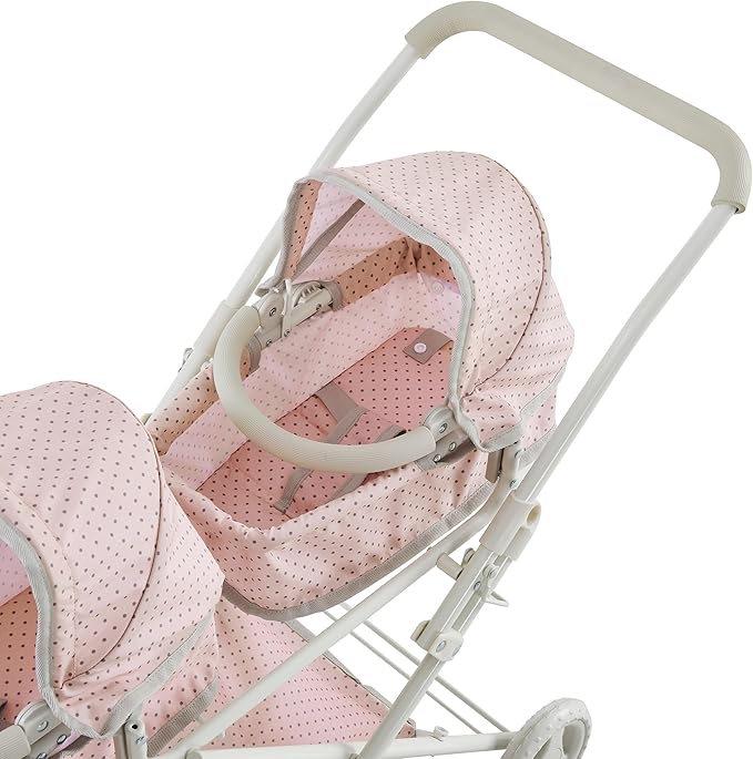 Olivia's Little World Twin Baby Doll Stroller, Double Bassinet Stroller Kids Baby Strollers for Dolls with Retractable Canopy & Storage for Kids Ages 3+, Pink/Gray