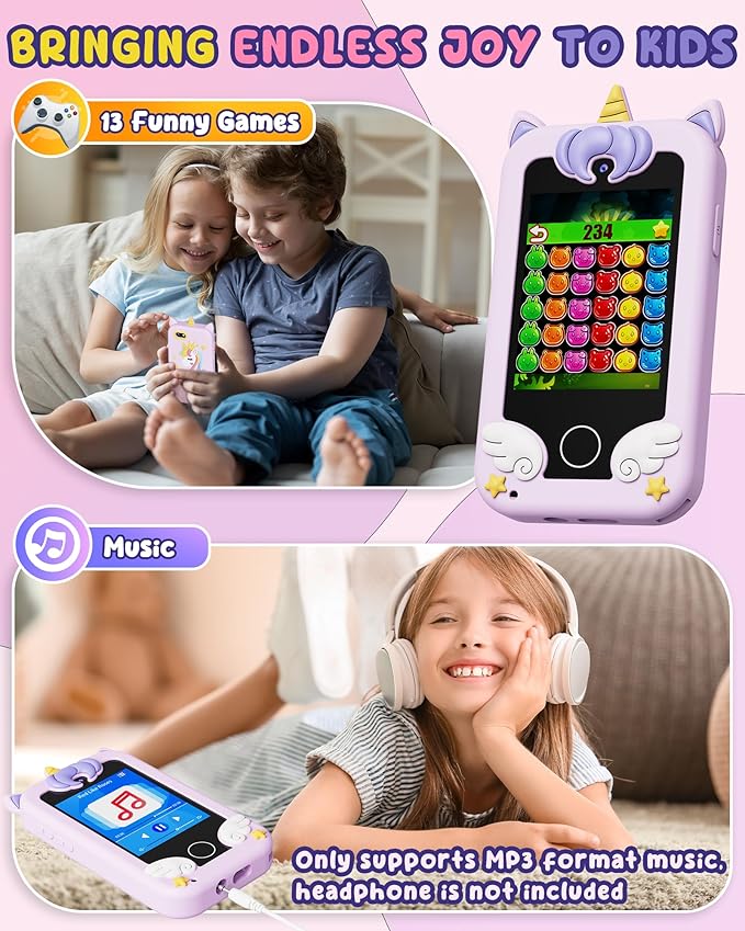 UCIDCI Kids Smart Phone for Girls Ages 3-7 with Dual Camera - Learning Games, Travel Toy with MP3 Music Player for Christmas, Birthday Gifts for 3-7 Year Old Boys
