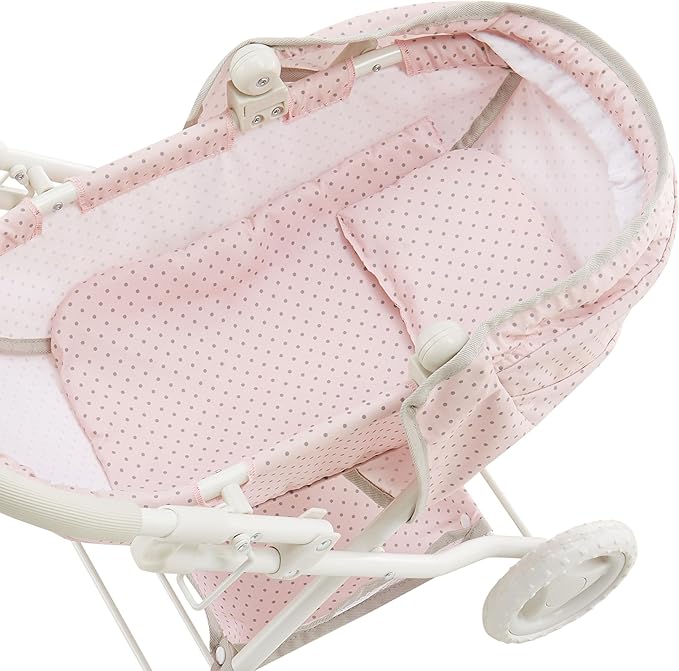 Olivia's Little World Polka Dot Princess Baby Doll Pram Stroller with Retractable Canopy & Storage, Pink