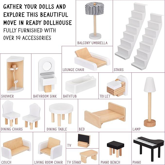 Lil' Jumbl Kids Wooden Dollhouse, 17-Piece Accessories & Furniture are Included, with Balcony & Stairs, 3 Story Easy to Assemble Doll House Toy - Pink