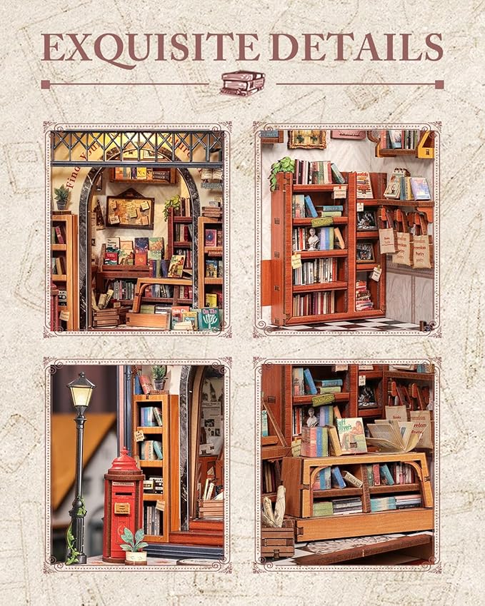 Cutefun Book Nook Kit, DIY Miniature Dollhouse Library Kit for Adults and Teens, Tiny House Building Bookshelf Insert Decor with LED Light, Gifts for Family and Friends (Jack's Bookery)