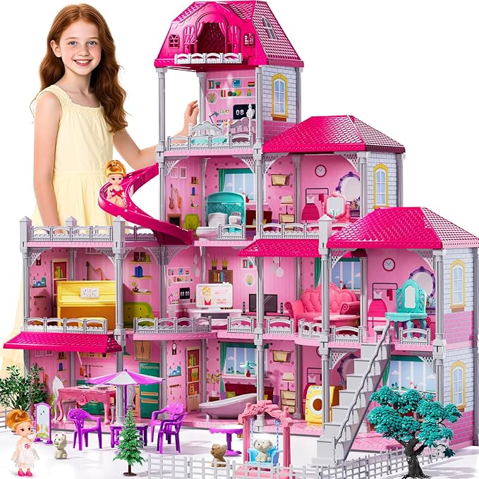 Villa Playset for Girls Ages 3-7, Indoor Playset Girls Toys for Ages 6-8 with 4 Storeys 11 Rooms 2 Dolls, Furniture and Accessories, Pretend Toddler Toy, Birthday Gifts for Kids 3 4 5 6 7 8