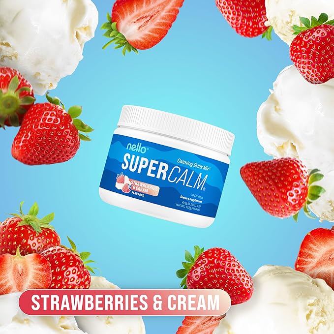 Nello Supercalm Powdered Drink Mix, Strawberries & Cream, L Theanine, Ksm-66 Ashwagandha, Magnesium Glycinate, Vitamin D 3, Supplements for Relaxation & Focus, Natural, No Sugar, Non GMO, 30 Srvgs