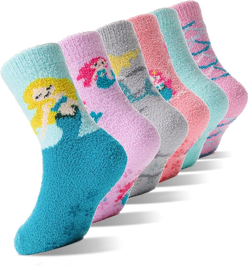 EBMORE Girls Kids Toddler Fuzzy Socks with Grips Non Slip Slipper Socks Crew Cabin Cozy Fluffy Warm Winter Socks 6 Pairs