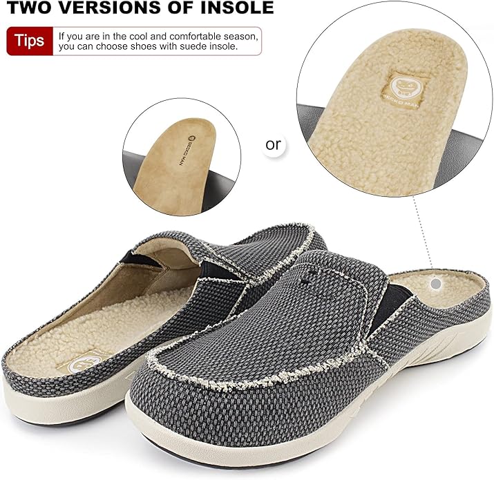 Mens Slippers with Arch Support, Canvas House Slipper for Men with Velvet Lining, Slip On Clog, Indoor Outdoor House Shoes with Anti-Skid Rubber Sole