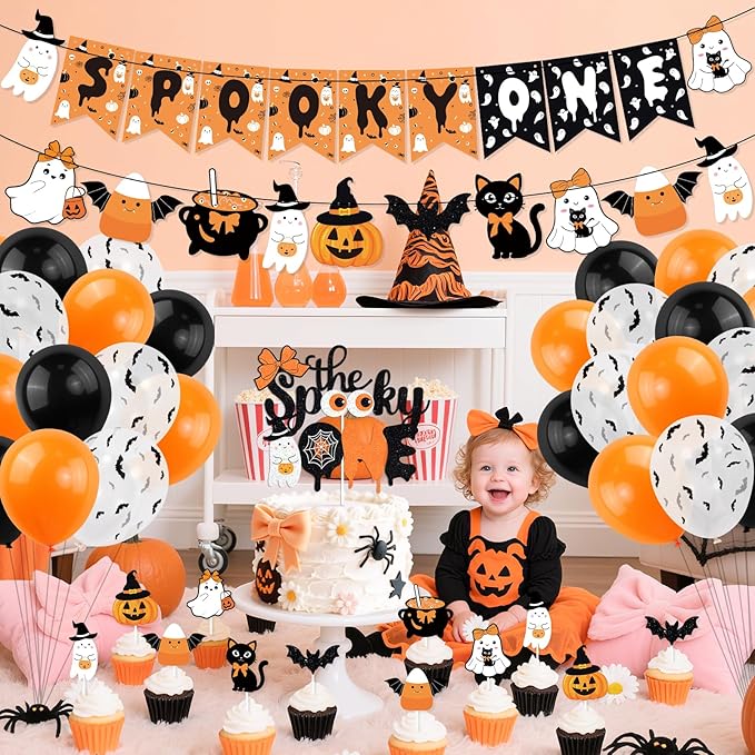 Orange Black Halloween First Birthday Decor Spooky One Banner Cute Ghost Cake Topper Balloons for Halloween Theme 1st Birthday Party The Spooky One Little Boo Happy Boo Day Party Supplies