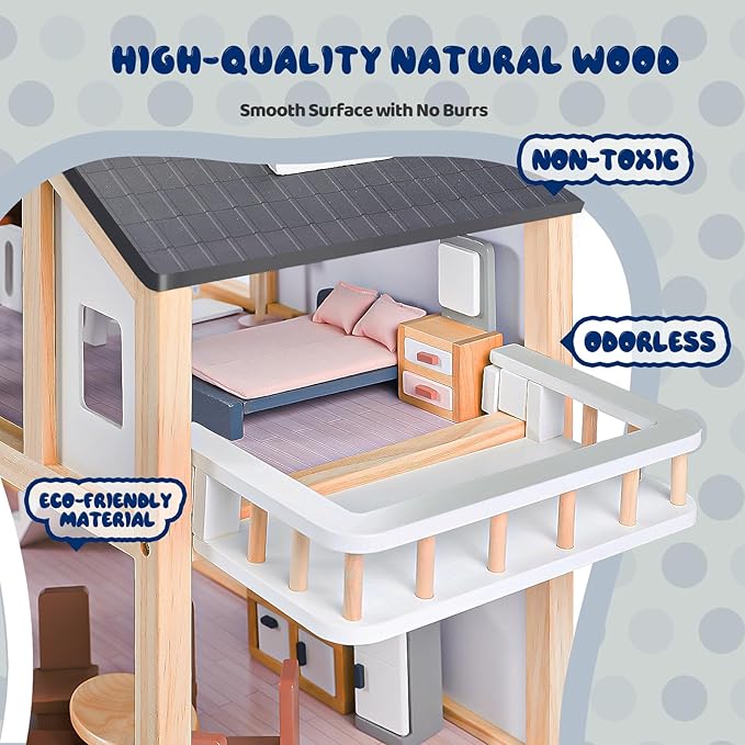 Large Wooden Doll House for Kids Ages 3+, Sturdy Modern Family Dollhouse Kit with Realistic Furniture Design, Educational Wooden Toy House for Toddlers Early Learning & Creative Play