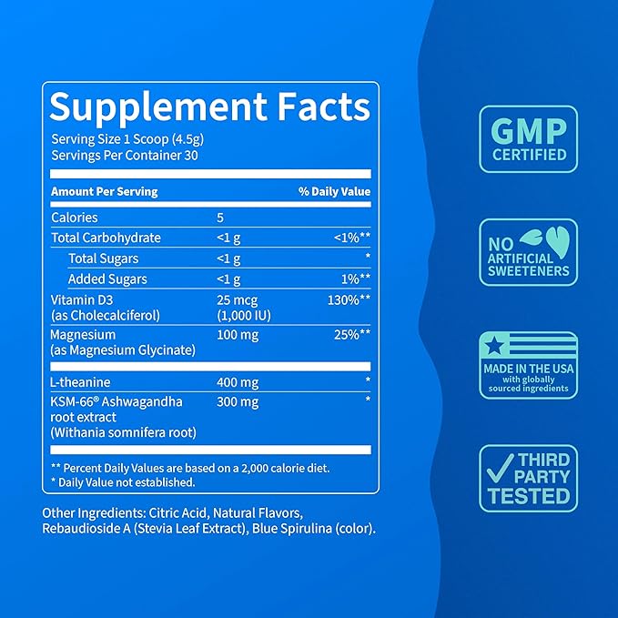 Nello Supercalm Powdered Drink Mix, Blue Coconut, L Theanine, Ksm-66 Ashwagandha, Magnesium Glycinate, Vitamin D 3, Supplements for Relaxation & Focus, No Sugar, Non GMO, On The Go, 30 Srvgs