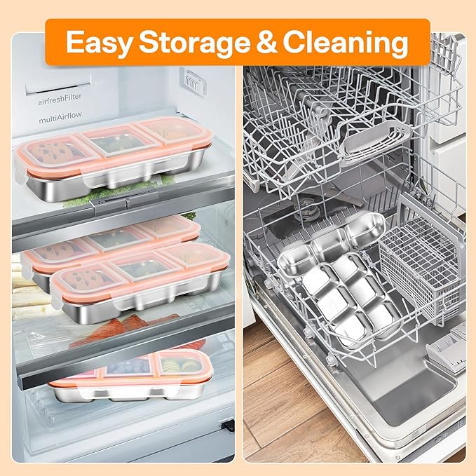 Stainless Steel Snack Containers, Reusable Snack Containers with Lids Stainless Steel Lunch Box with 3 Compartment Divided Food Storage for Home Work Travel Outdoor Camping (Orange 2 Pack)