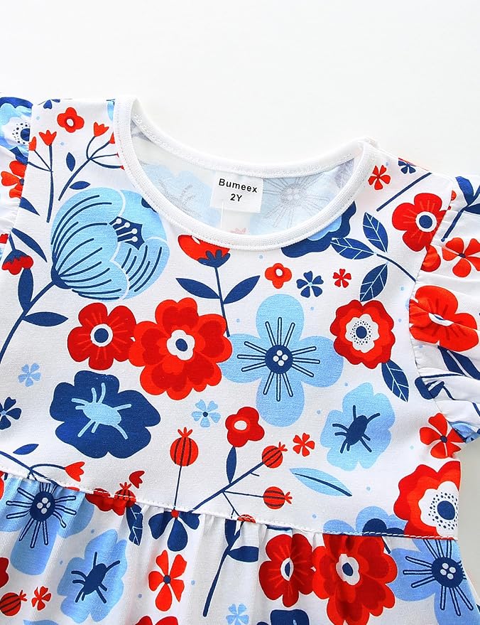 Bumeex Girl's Dresses Cotton Ruffle Sleeve Tiered Swing A-Line Cute Midi Casual Sundress