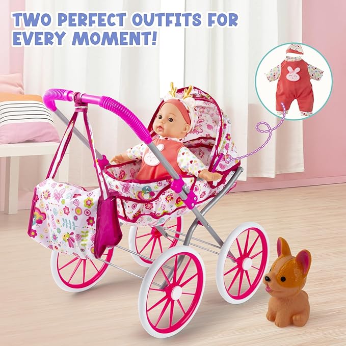 Baby Doll Stroller Toys Set with 12.5" Doll for 3-7, Foldable Stroller, Dining Chair, Accessories & 1 Outfits,Pretend Play Baby Doll Toys for Girls Ages 3-7