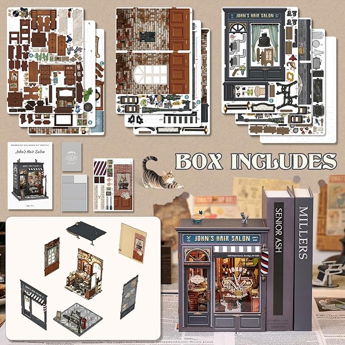 Cutefun Book Nook Kit - DIY Miniature Dollhouse Kit for Adults and Teens, Barbershop Mini House Building Kit with LED Bookshelf Insert Decor Creative Gifts (John's Hair Salon)