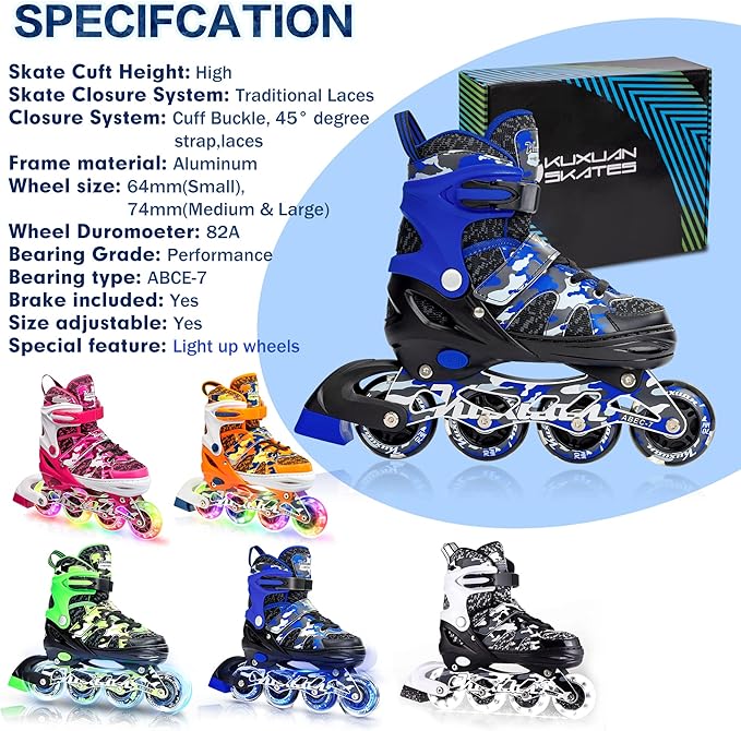 Kuxuan Boys Adjustable Inline Skates with Light up Wheels, Fun Illuminating Skates for Kids Girls Youth