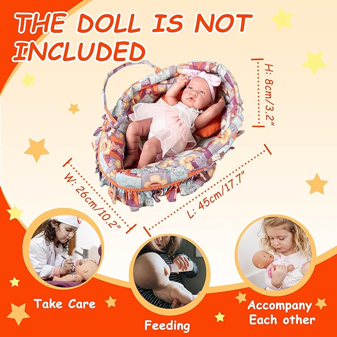 Doll Carry Cot Set Doll Carrier Soft Basket Bassinet, Includes 1 Cot and 1 Pillow, Orange Cartoon Doll Bassinet, Fits for 16 Inch 18 Inch American Girl Dolls