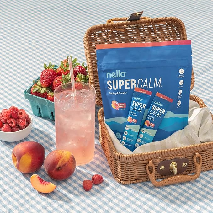 Nello Supercalm Drink Mix - Ashwagandha KSM 66, Magnesium Glycinate & L-Theanine Supplement - Ashwagandha Root Extract - Focus and Relaxation Support (20 Travel Packets) - Peach Berry