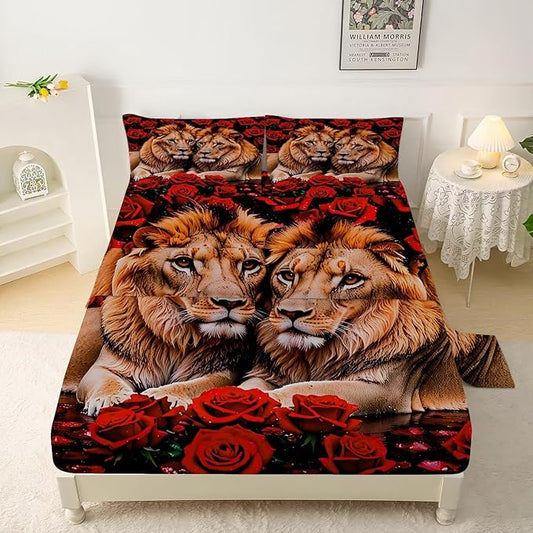 Rose Lions Sheets Set Twin for Kids and Women Animal Print Bedding Set with Deep Pocket 3D Wildlife Bed Set with 1 Flat Sheet 1 Fitted Sheet and 1 Pillowcase