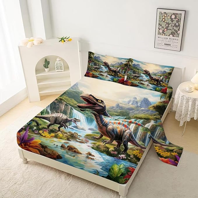 Dinosaur Sheets Set Twin Size Cute Dinosaur Room Decor for Boys Room Soft Toddler Bed Sheets for Boys Kids Twin Dino Bedding Set Includes 1 Flat Sheet + 1 Fitted Sheet + 1 Pillowcase