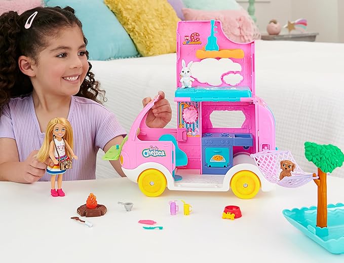 Barbie Camper, Chelsea 2-in-1 Playset with Small Doll, 2 Pets & 15 Accessories, Vehicle Transforms into Camp Site (Amazon Exclusive)