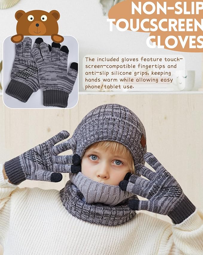 Kids Winter Hat Gloves Scarf Set，Mixed-color Beanie hat Knit Neck Fleece Lining Touchscreen Gloves for Girls Boys 4-10Y