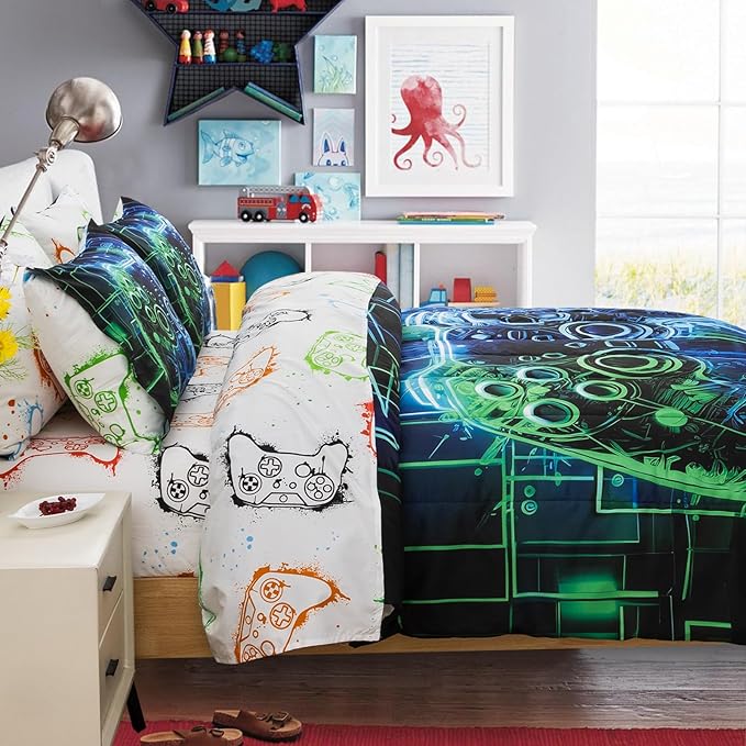 A Nice Night 5Pcs Gaming Comforter Set,Blue Green 3D Game Contoller Themed Keyboard Printing Bedding Sets for Kids Teen Boys, Reversible Comforter for All Seasons,Twin