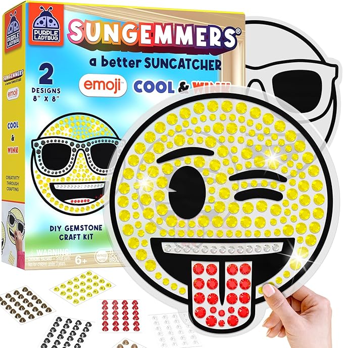 SUNGEMMERS Emoji Cool & Wink Window Art Kit - DIY Diamond Art Suncatcher Craft for Kids Ages 6-12 - Creative Gift for Girls, Boys, Mess-Free Arts & Crafts Set with 1000+ Gem Stickers, Templates