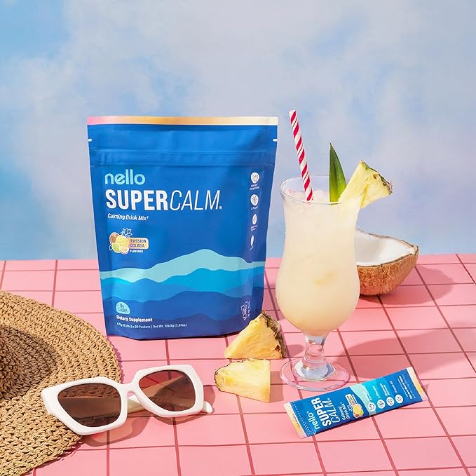 Nello Supercalm Drink Mix - Ashwagandha KSM 66, Magnesium Glycinate & L-Theanine Supplement - Ashwagandha Root Extract - Focus and Relaxation Support (20 Travel Packets) - Passion Colada