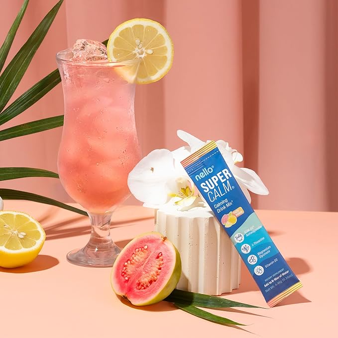 Nello Supercalm Drink Mix - Ashwagandha KSM 66, Magnesium Glycinate & L-Theanine Supplement, Vitamin D3 - Ashwagandha Root Extract - Focus and Relaxation Support (20 Travel Packets) - Yuzu Guava