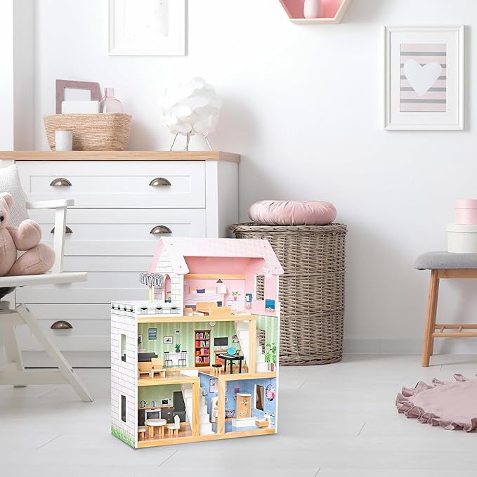 Lil' Jumbl Kids Wooden Dollhouse, 17-Piece Accessories & Furniture are Included, with Balcony & Stairs, 3 Story Easy to Assemble Doll House Toy - Pink