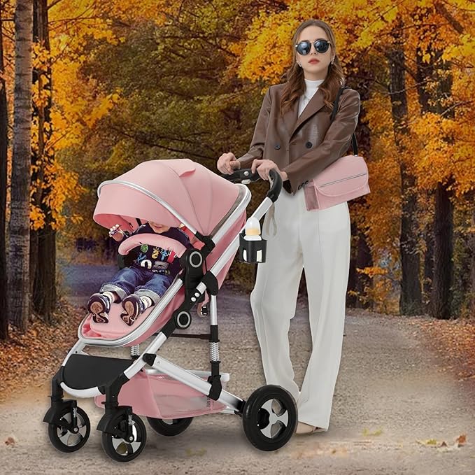 Kinder King 2 in 1 Convertible Baby Stroller, Folding High Landscape Infant Carriage, Newborn Reversible Pram, Adjustable Canopy, Diaper Bag, Pink