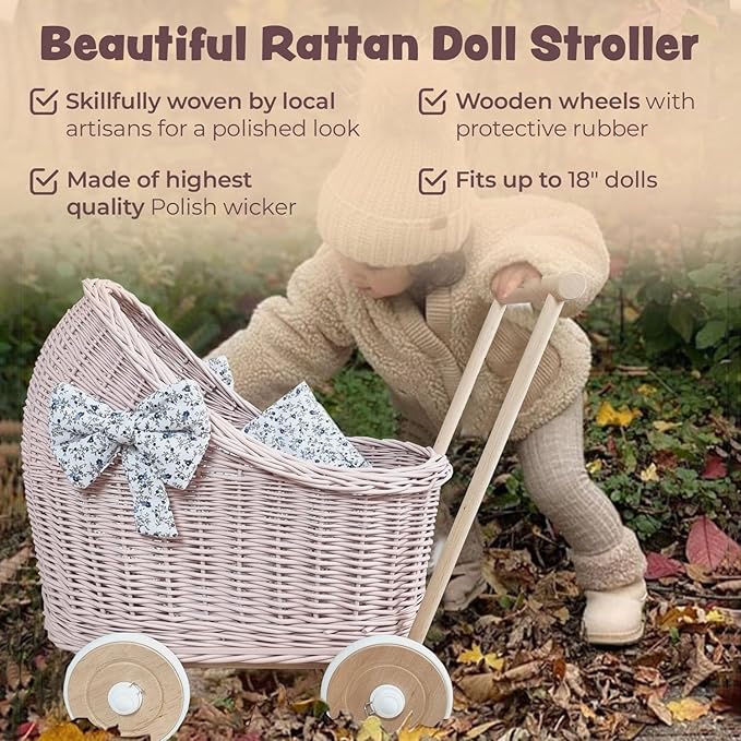 Handmade Rattan Doll Stroller with Bedding - European Artisan Crafted for 17 inch Dolls, Pink with Ivory Flowers | Doll Pram, Baby Walker Toy for Imaginative Play & Role Play | Gift for Girls