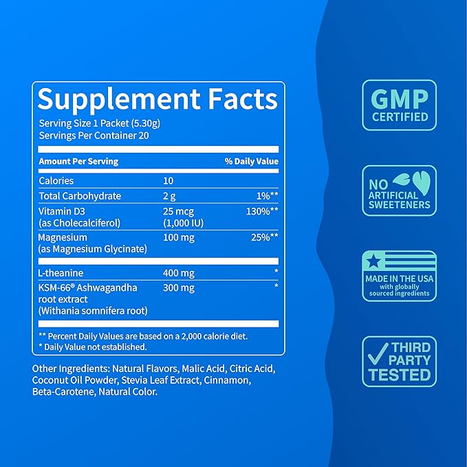 Nello Supercalm Drink Mix – Ashwagandha KSM-66, Magnesium Glycinate, L-Theanine & Vitamin D3 Supplement, Spiced Apple Flavor (20 Travel Packets)