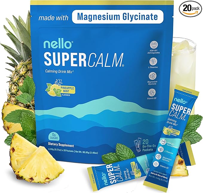 Nello Supercalm Drink Mix – Ashwagandha KSM-66, Magnesium Glycinate, L-Theanine, Vitamin D3 – Pineapple Mint Flavor (20 Travel Packets)