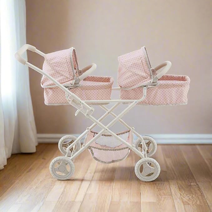 Olivia's Little World Twin Baby Doll Stroller, Double Bassinet Stroller Kids Baby Strollers for Dolls with Retractable Canopy & Storage for Kids Ages 3+, Pink/Gray