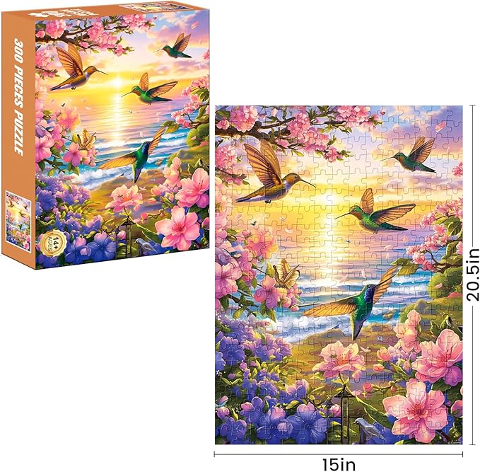 300 Pieces Puzzles for Adult Jigsaw Puzzle 300 Piece Children Elderly Puzzle Hummingbird Beach Flower Puzzle Gift for Mom Dad Family Friend Family Activity Games Home Decor Wall Art 20.5x15IN